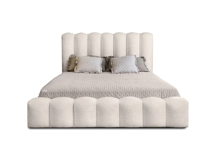 Cama Baú BADJA – Tecido Bouclé Marfim Rosado – 180x200 cm – Estrado Elevatório – Design de Alta Qualidade