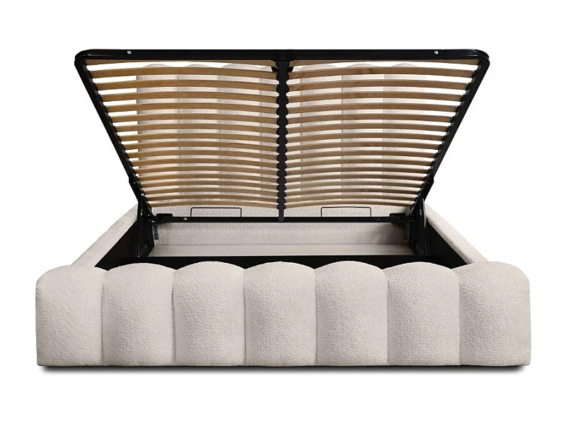 Cama Baú BADJA – Tecido Bouclé Marfim Rosado – 180x200 cm – Estrado Elevatório – Design de Alta Qualidade