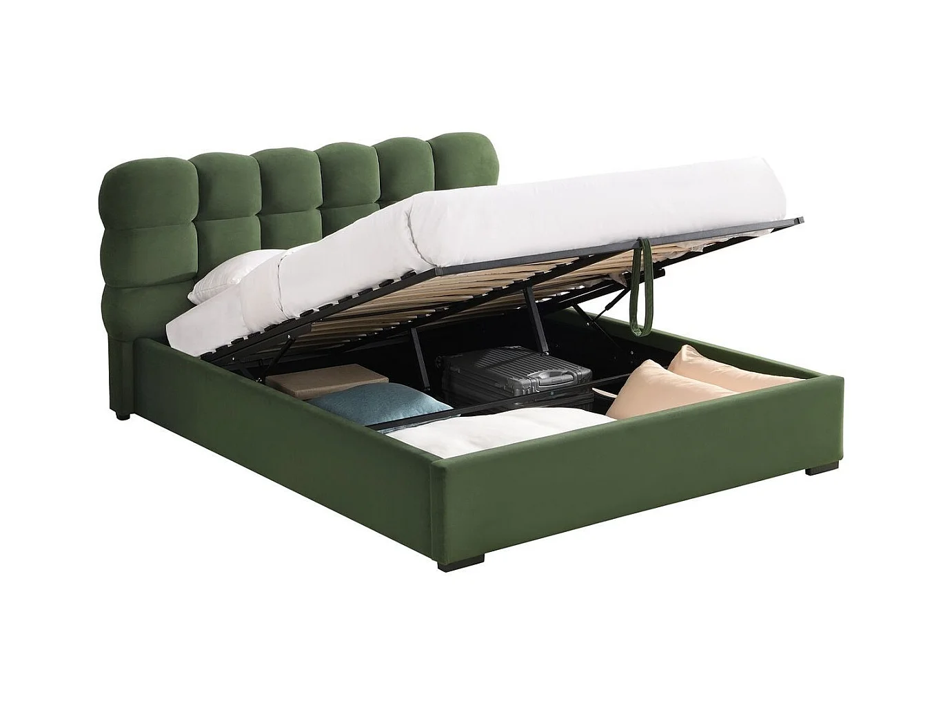 Lit coffre adulte 140x190 cm avec sommier et tête de lit capitonnée en velours vert kaki - Lola