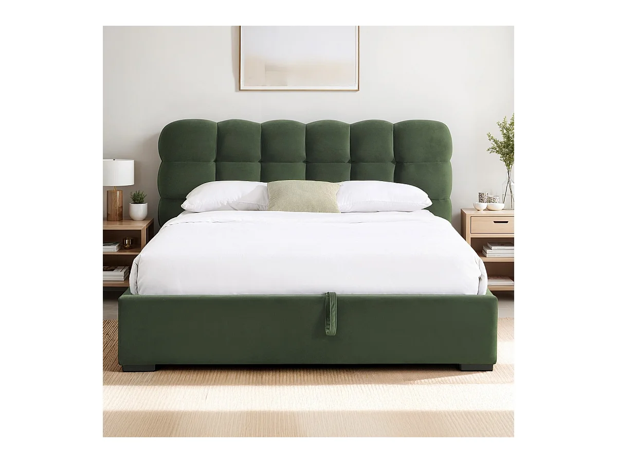 Lit coffre adulte 140x190 cm avec sommier et tête de lit capitonnée en velours vert kaki - Lola