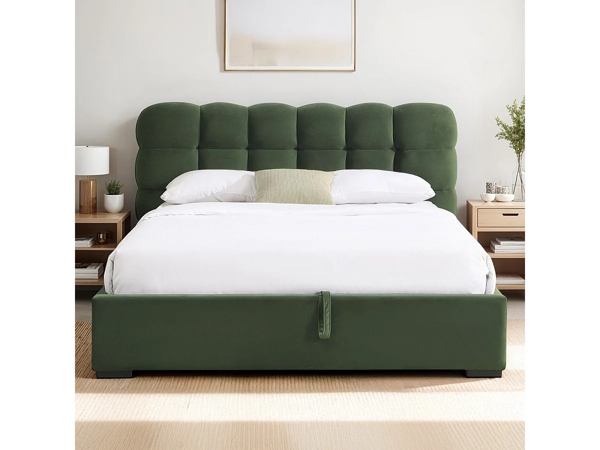 Lit coffre adulte 140x190 cm avec sommier et tête de lit capitonnée en velours vert kaki - Lola