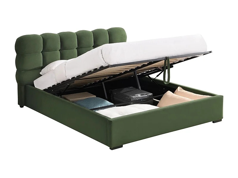 Lit coffre adulte 140x190 cm avec sommier et tête de lit capitonnée en velours vert kaki - Lola