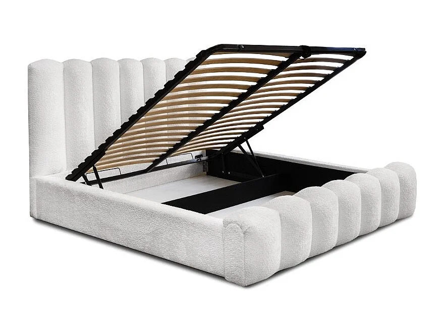 Cama baú BADJA EUPHORIA – Tecido bouclé Pérola de linho – 140x200 cm – Estrado elevatório – Design de alto padrão