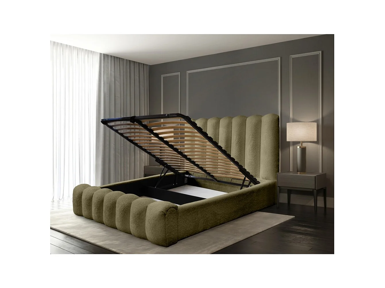 Cama baú BADJA – Tecido bouclé Salvia seca – 180x200 cm – Estrado elevatório – Design de alta qualidade