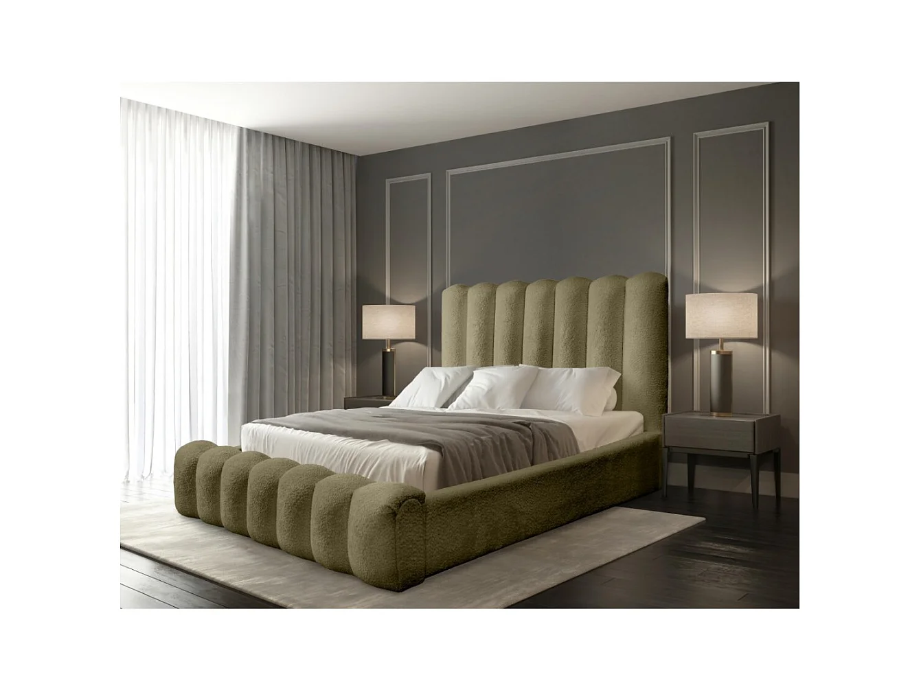 Lit coffre BADJA – Tissu bouclé Sauge sèchée – 180x200 cm – Sommier relevable – Design haut de gamme