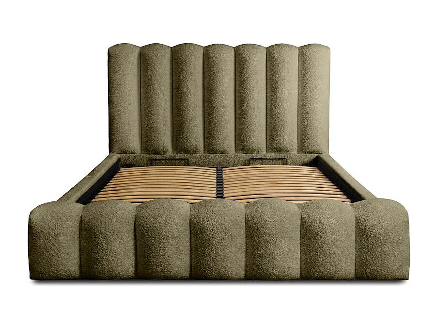 Cama con canapé BADJA – Tela bouclé Salvia seca – 180x200 cm – Somier elevable – Diseño de alta gama