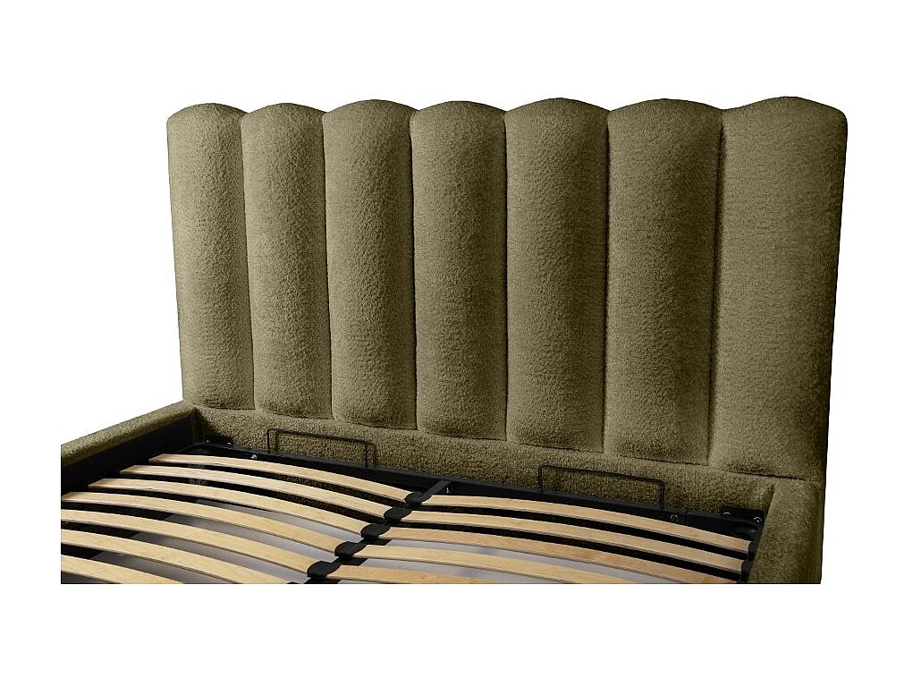 Cama con canapé BADJA – Tela bouclé Salvia seca – 180x200 cm – Somier elevable – Diseño de alta gama