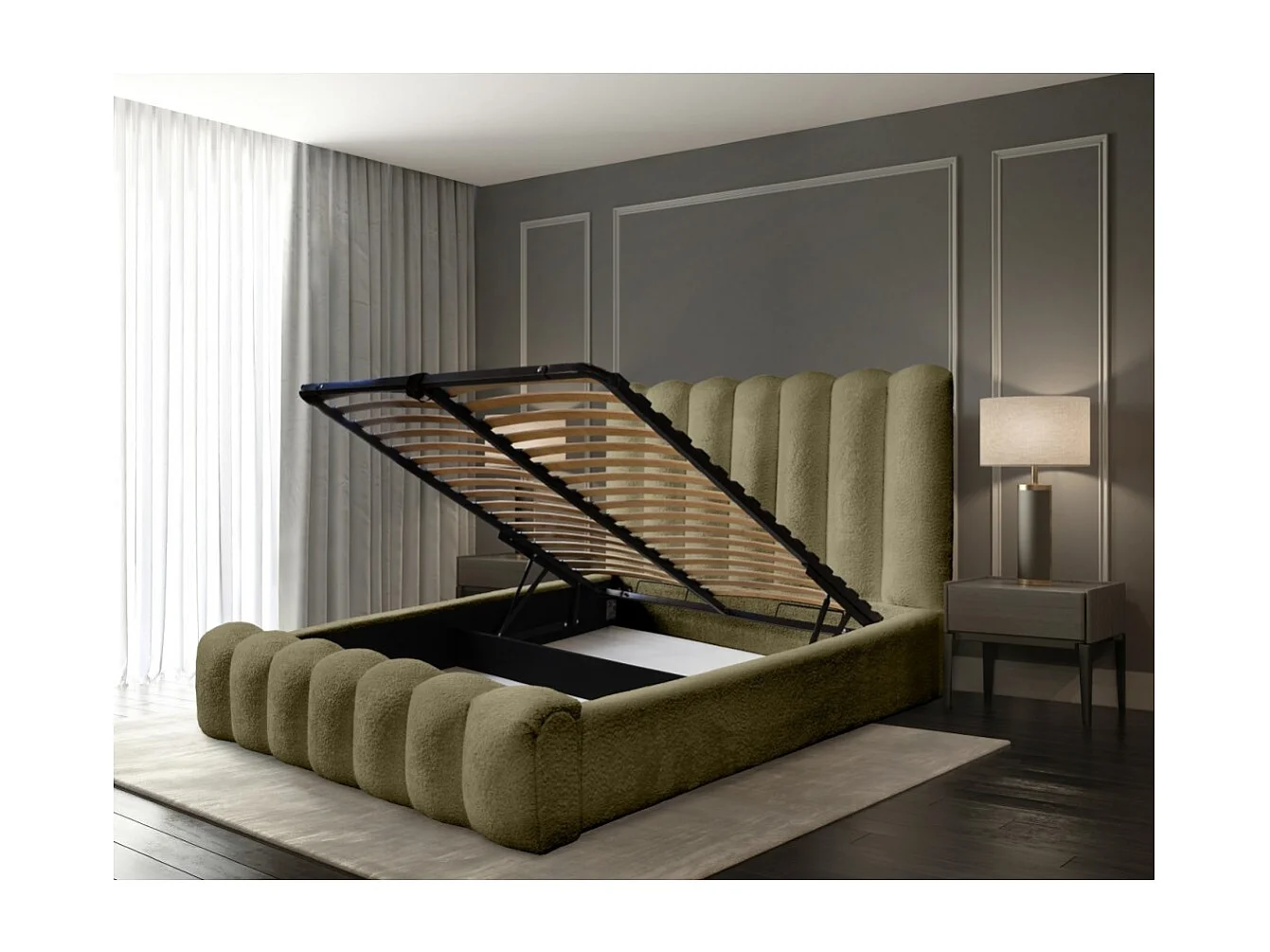 Cama con canapé BADJA – Tela bouclé Salvia seca – 180x200 cm – Somier elevable – Diseño de alta gama
