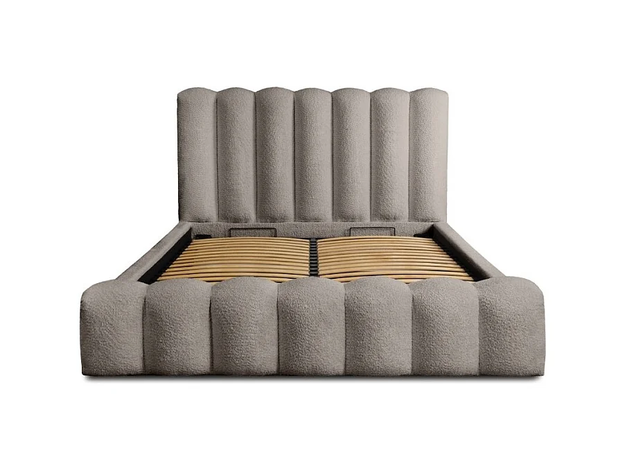 Lit coffre BADJA – Tecido bouclé Taupe cinzento – 140x200 cm – Estrado elevatório – Design de alta qualidade