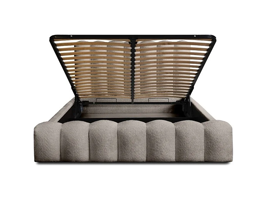 Lit coffre BADJA – Tecido bouclé Taupe cinzento – 140x200 cm – Estrado elevatório – Design de alta qualidade