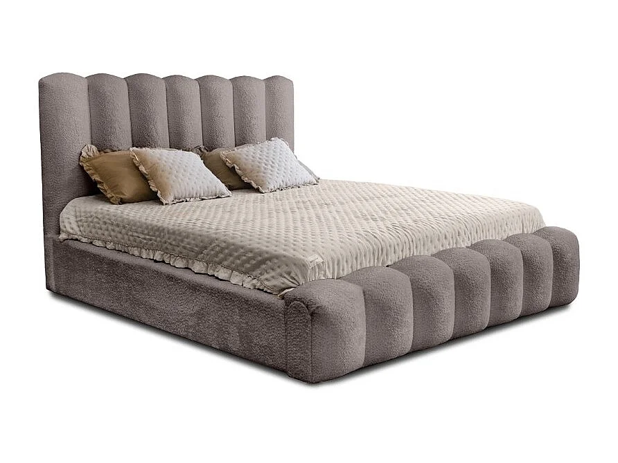 Lit coffre BADJA – Tecido bouclé Taupe cinzento – 140x200 cm – Estrado elevatório – Design de alta qualidade