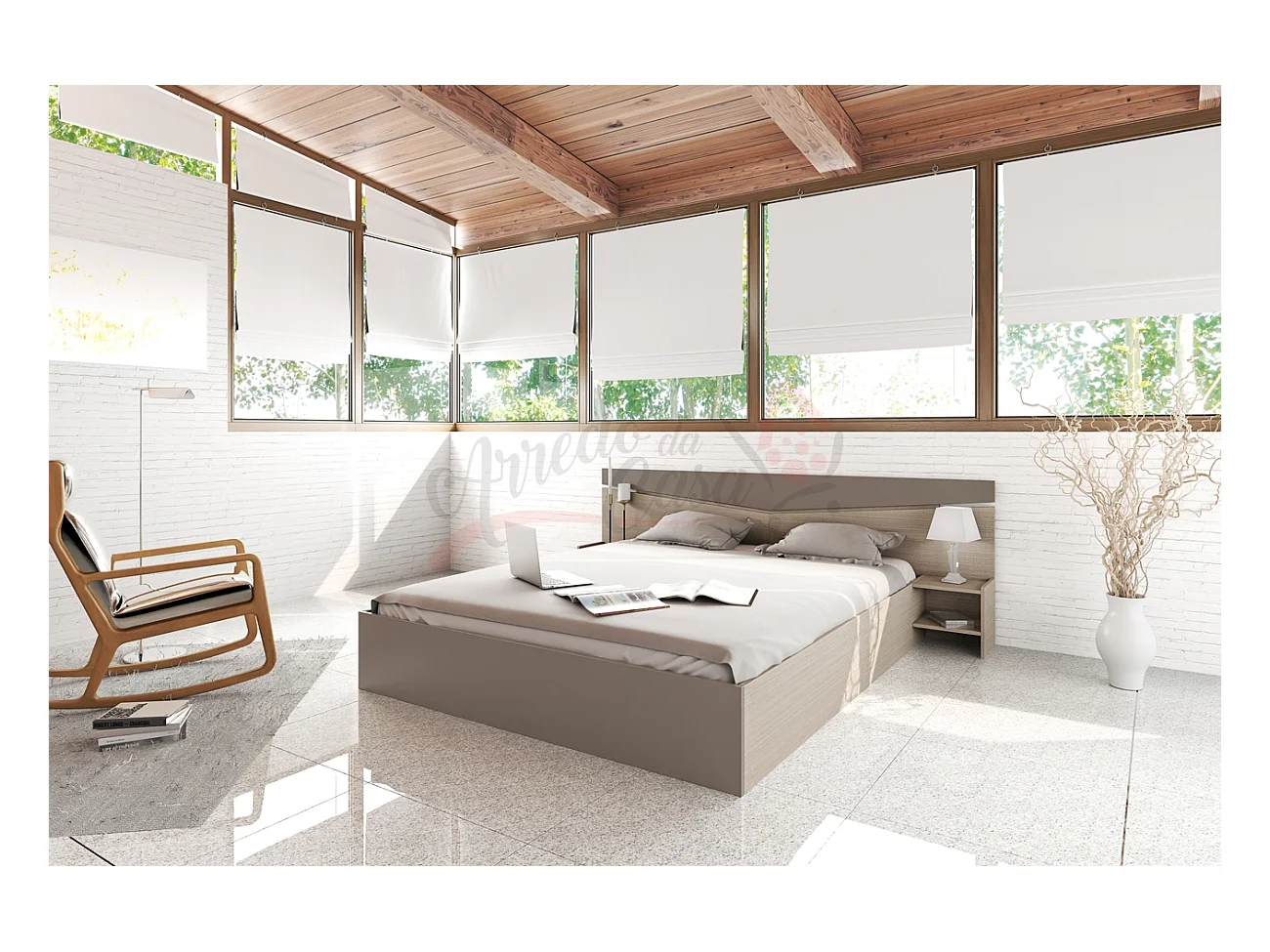 Letto matrimoniale contenitore con comodini a due ripiani 200x160 beige scuro e lino LI2007