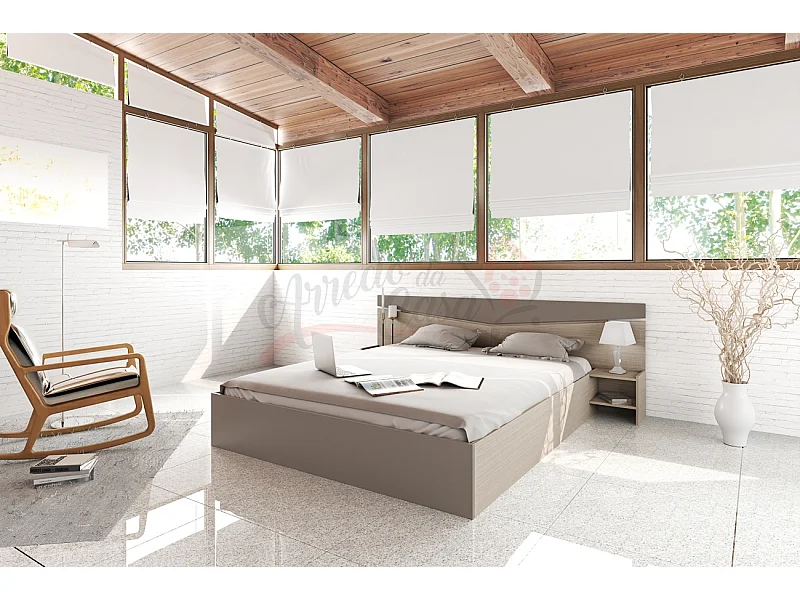 Letto matrimoniale contenitore con comodini a due ripiani 200x160 beige scuro e lino LI2007