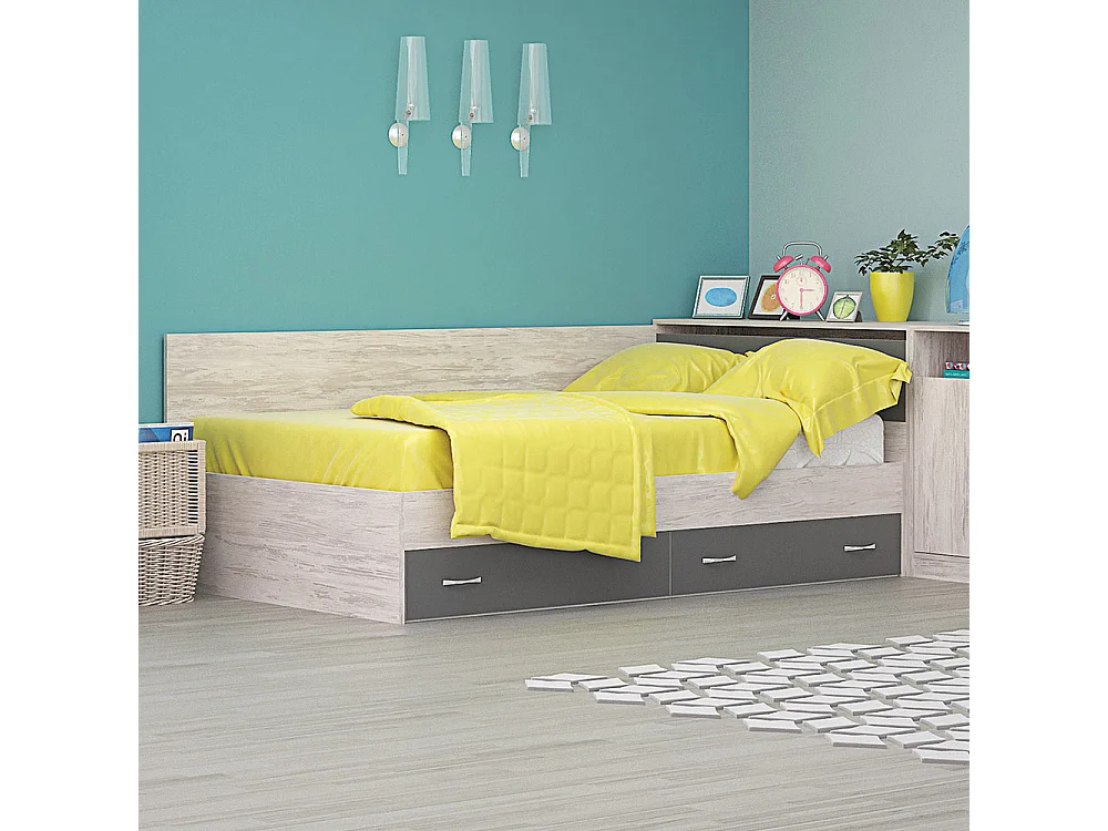 Letto a una piazza e mezza con cassetti 120x190 cm rovere bianco e grigio antracite LG48