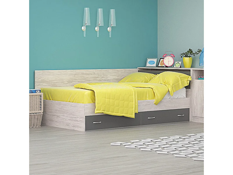 Letto a una piazza e mezza con cassetti 120x190 cm rovere bianco e grigio antracite LG48