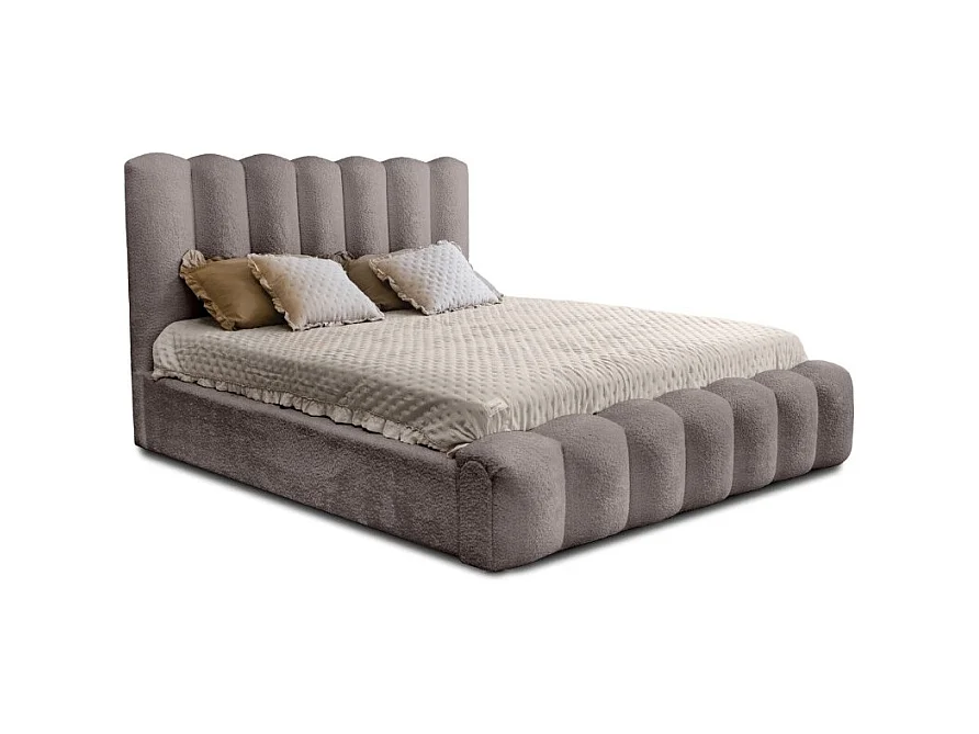 Cama con canapé BADJA – Tela de rizo Topo ceniza – 160x200 cm – Somier elevable – Diseño de alta gama