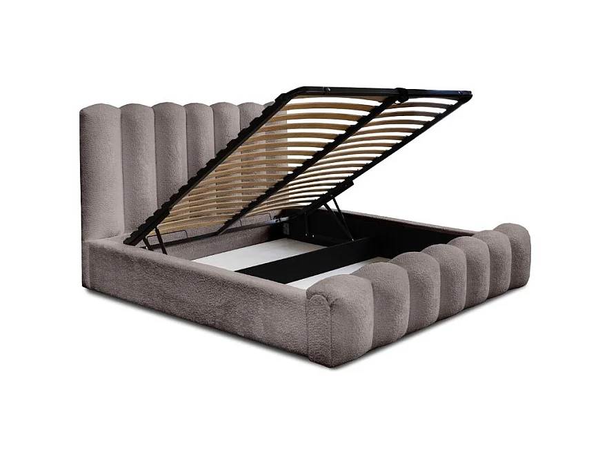 Cama con canapé BADJA – Tela de rizo Topo ceniza – 160x200 cm – Somier elevable – Diseño de alta gama