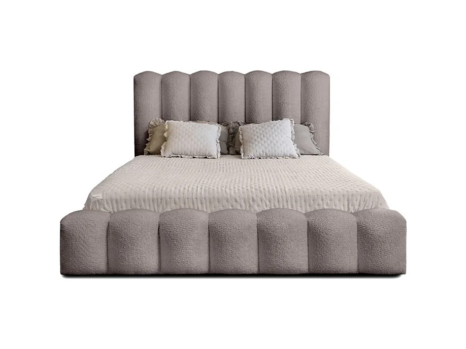 Cama con canapé BADJA – Tela de rizo Topo ceniza – 160x200 cm – Somier elevable – Diseño de alta gama