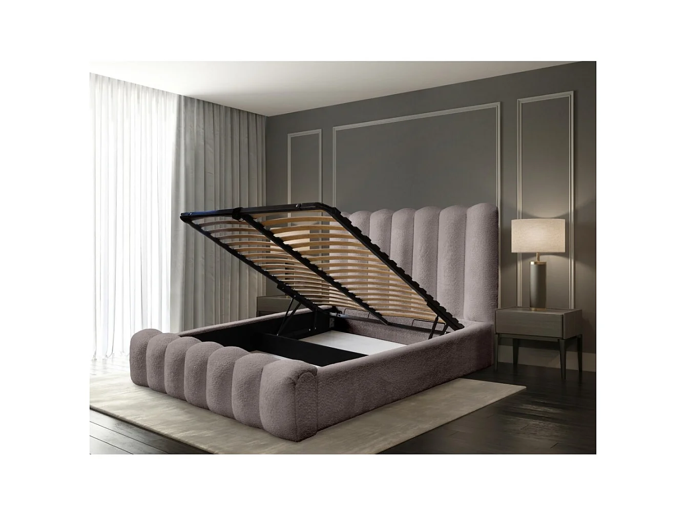 Cama con canapé BADJA – Tela de rizo Topo ceniza – 160x200 cm – Somier elevable – Diseño de alta gama