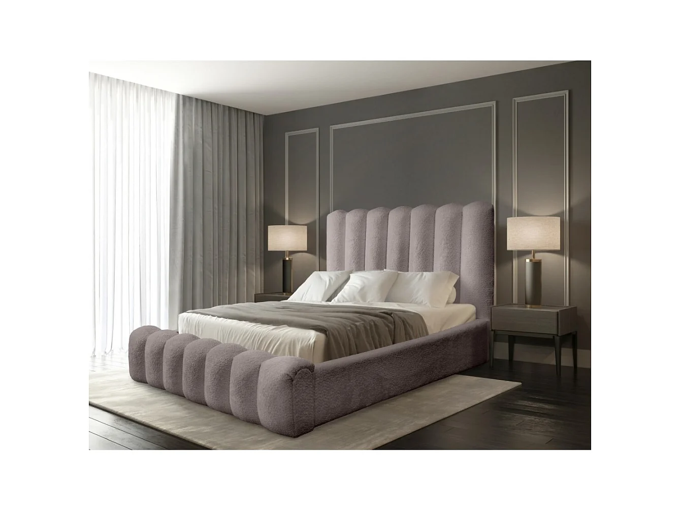 Lit coffre BADJA – Tissu bouclé Taupe cendré – 160x200 cm – Sommier relevable – Design haut de gamme