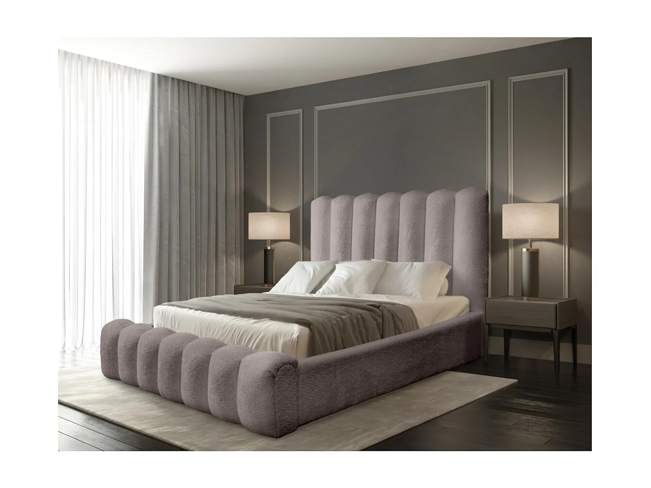 Cama con canapé BADJA – Tela de rizo Topo ceniza – 160x200 cm – Somier elevable – Diseño de alta gama