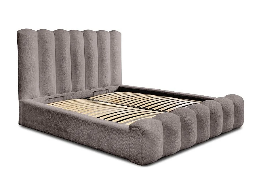 Cama con canapé BADJA – Tela de rizo Topo ceniza – 160x200 cm – Somier elevable – Diseño de alta gama