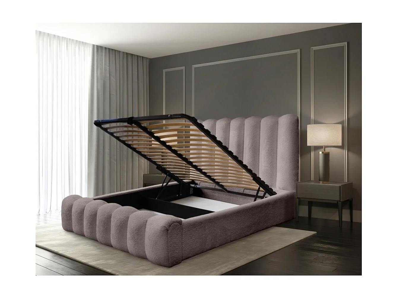 Cama con canapé BADJA – Tela de rizo Topo ceniza – 160x200 cm – Somier elevable – Diseño de alta gama