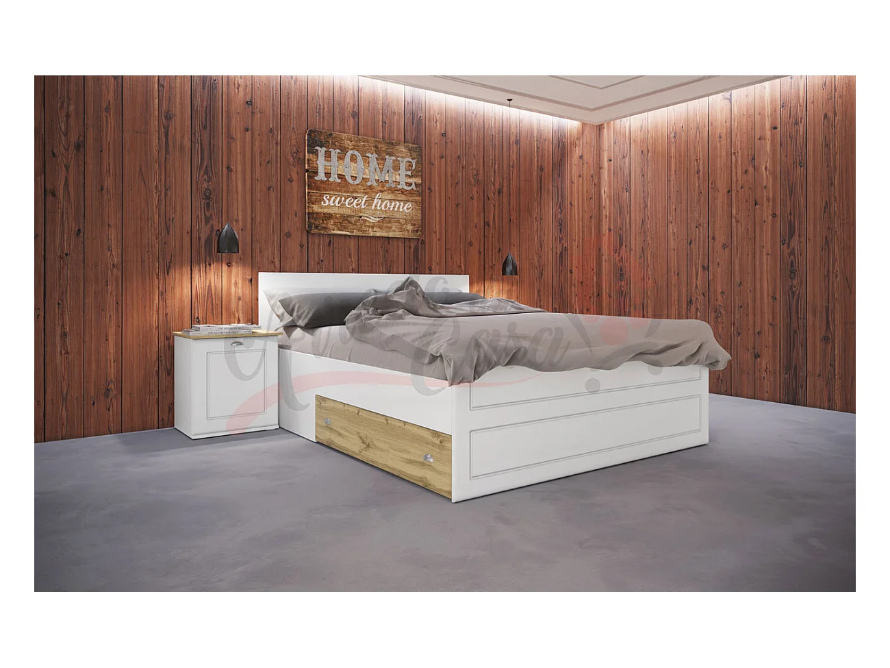 Letto matrimoniale design moderno con cassettoni 200x160 bianco liscio e rovere LI5