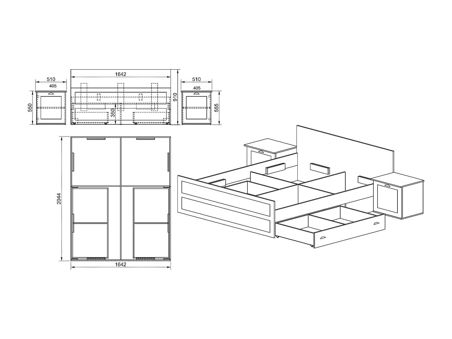 Letto matrimoniale design moderno con cassettoni 200x160 bianco liscio e rovere LI5