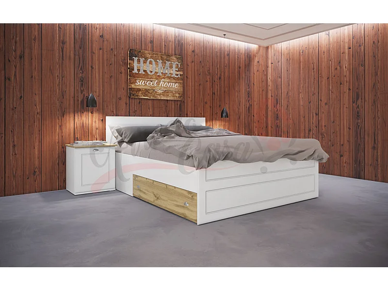 Letto matrimoniale design moderno con cassettoni 200x160 bianco liscio e rovere LI5