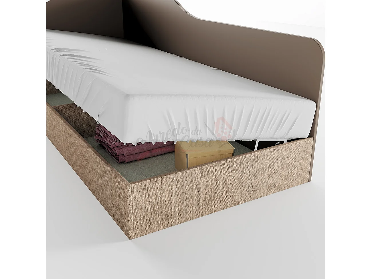 Letto singolo con contenitore ad angolo effetto legno beige scuro e lino LI2004