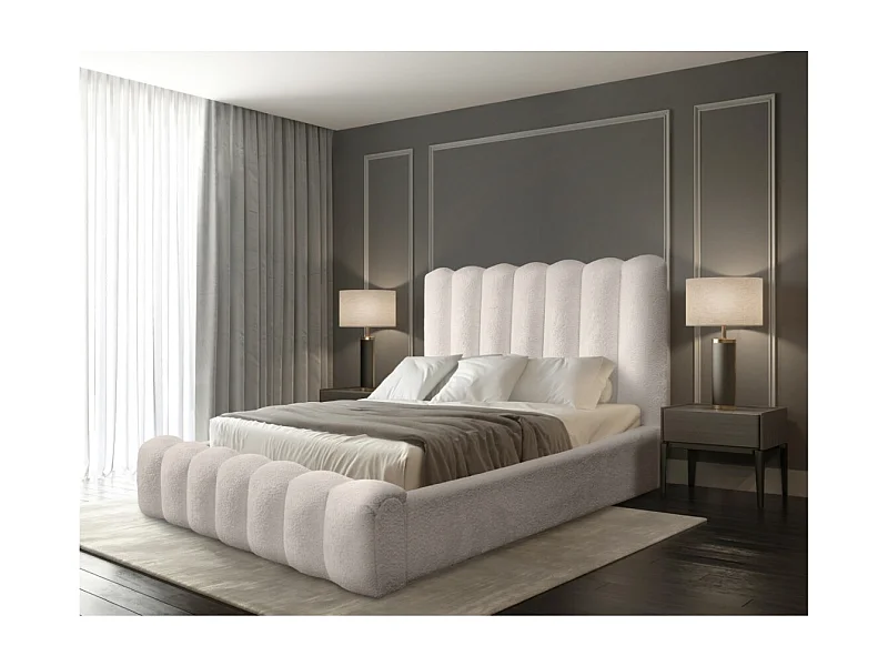 Lit coffre BADJA– Tecido bouclê Marfim rosado – 140x200 cm – Estrado elevatório – Design de alta qualidade