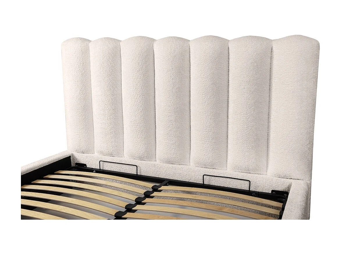 Lit coffre BADJA– Tecido bouclê Marfim rosado – 140x200 cm – Estrado elevatório – Design de alta qualidade