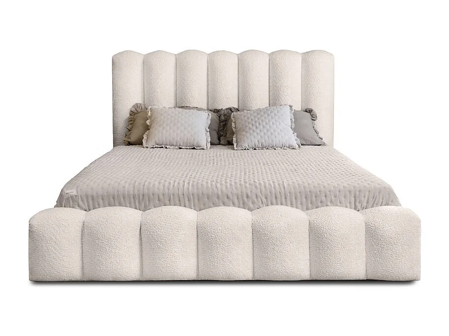 Lit coffre BADJA– Tecido bouclê Marfim rosado – 140x200 cm – Estrado elevatório – Design de alta qualidade