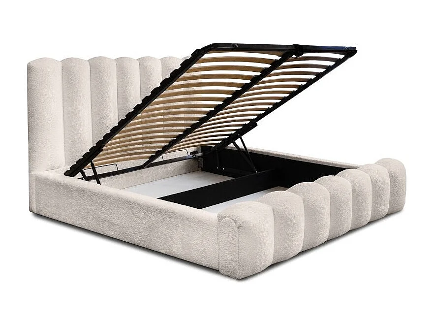 Lit coffre BADJA– Tecido bouclê Marfim rosado – 140x200 cm – Estrado elevatório – Design de alta qualidade