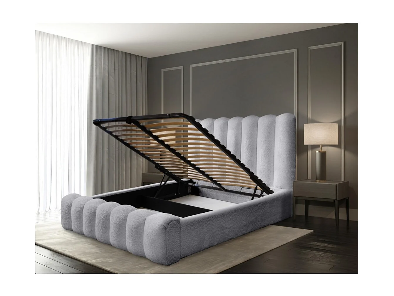 Lit coffre BADJA – Tela rizada Perla de amanecer – 180x200 cm – Somier elevable – Diseño de alta gama