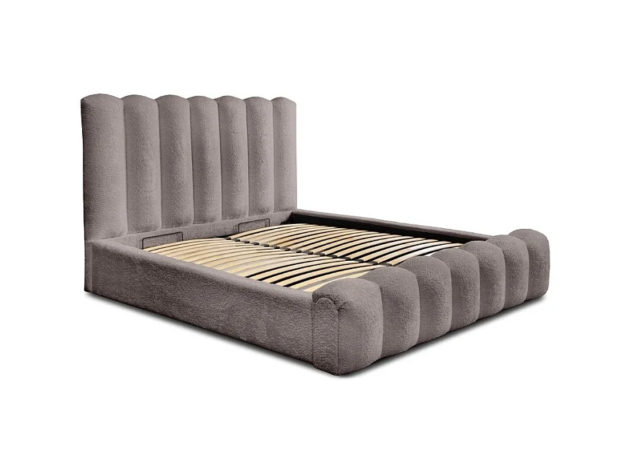 Cama con canapé BADJA – Tela de bucle Taupe ceniza – 180x200 cm – Somier elevable – Diseño de alta gama