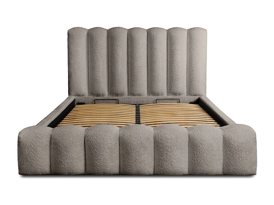 Cama con canapé BADJA – Tela de bucle Taupe ceniza – 180x200 cm – Somier elevable – Diseño de alta gama