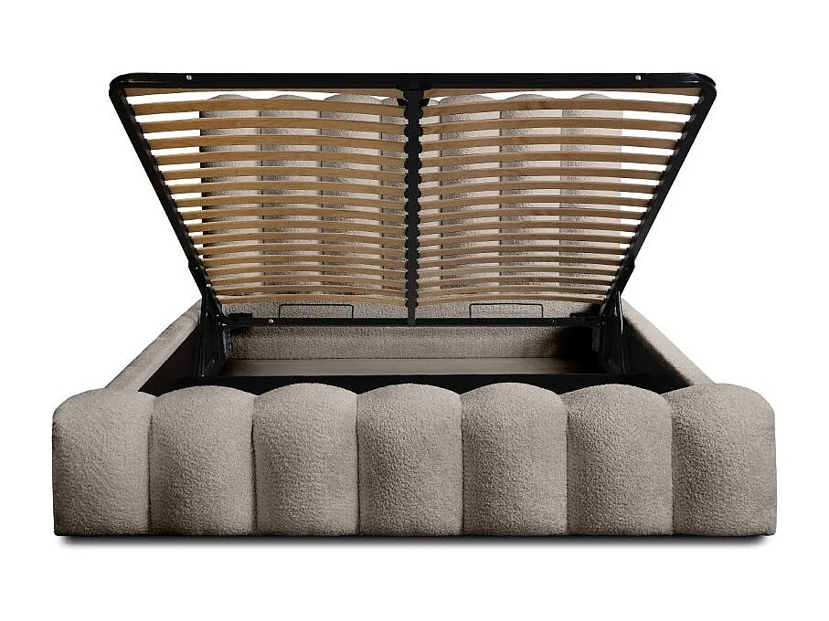 Cama con canapé BADJA – Tela de bucle Taupe ceniza – 180x200 cm – Somier elevable – Diseño de alta gama