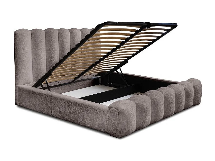 Cama con canapé BADJA – Tela de bucle Taupe ceniza – 180x200 cm – Somier elevable – Diseño de alta gama