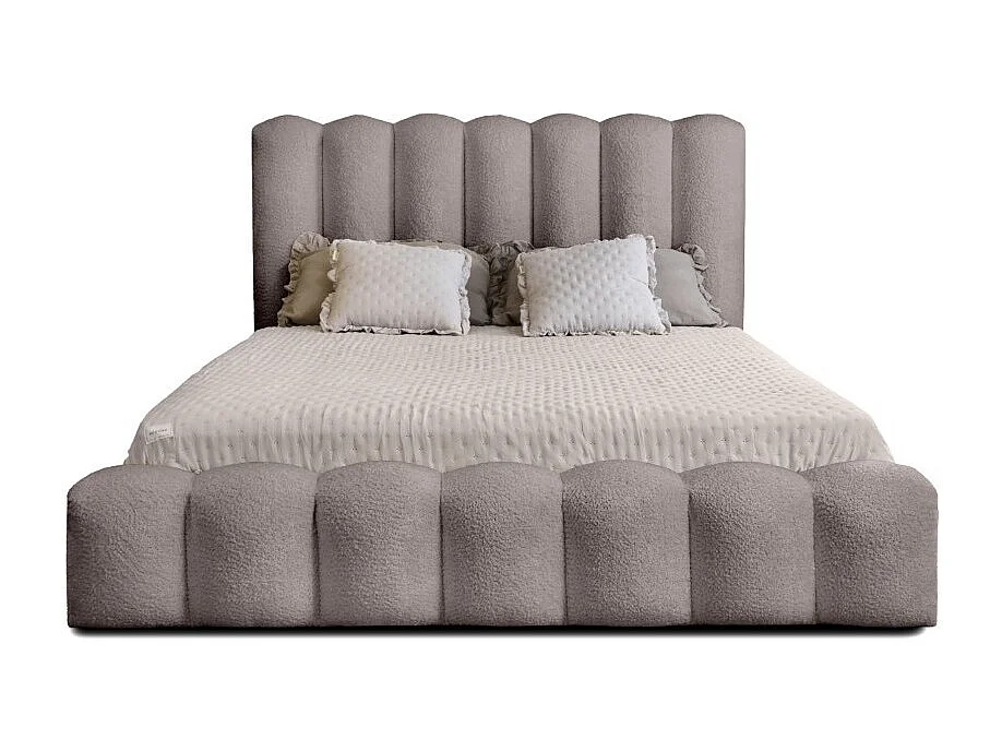 Cama con canapé BADJA – Tela de bucle Taupe ceniza – 180x200 cm – Somier elevable – Diseño de alta gama