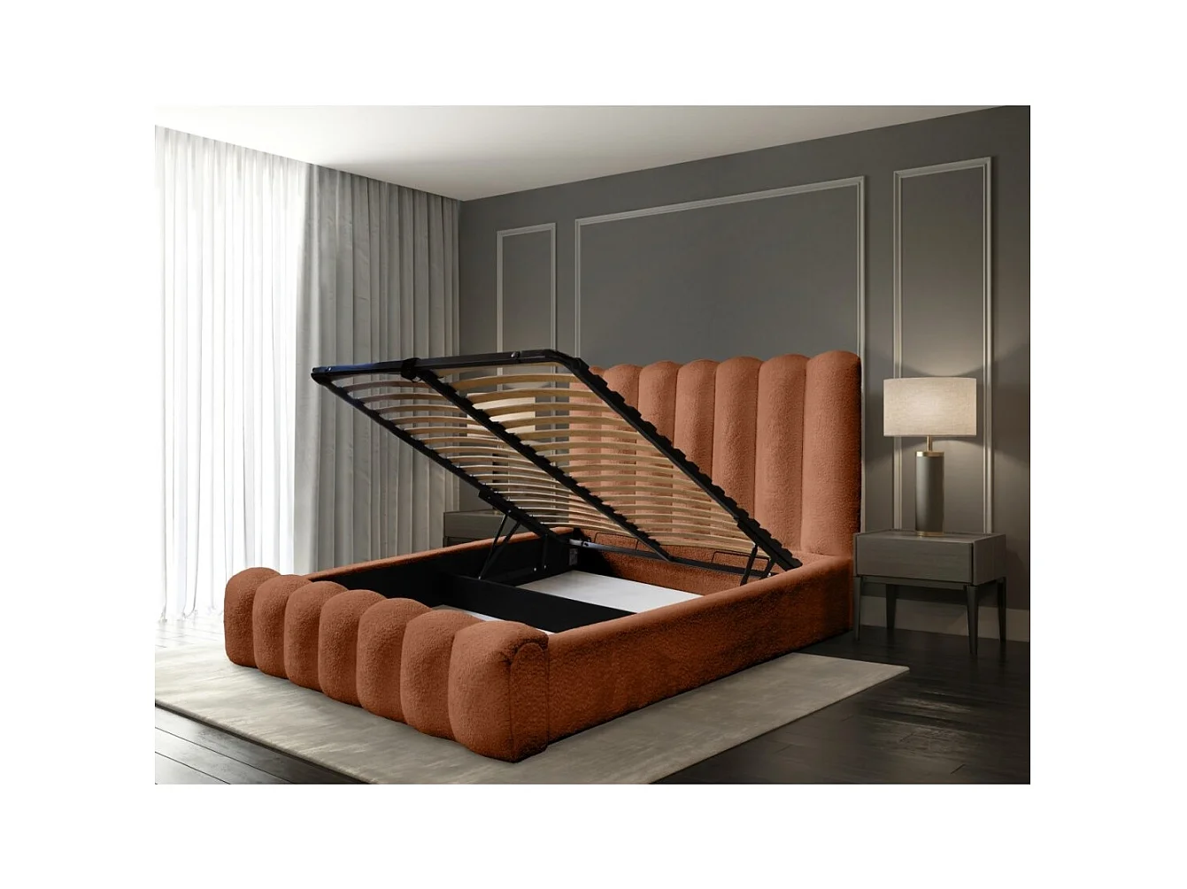 Cama con arcón BADJA – Tela rizada Terracota – 160x200 cm – Somier elevable – Diseño de alta gama