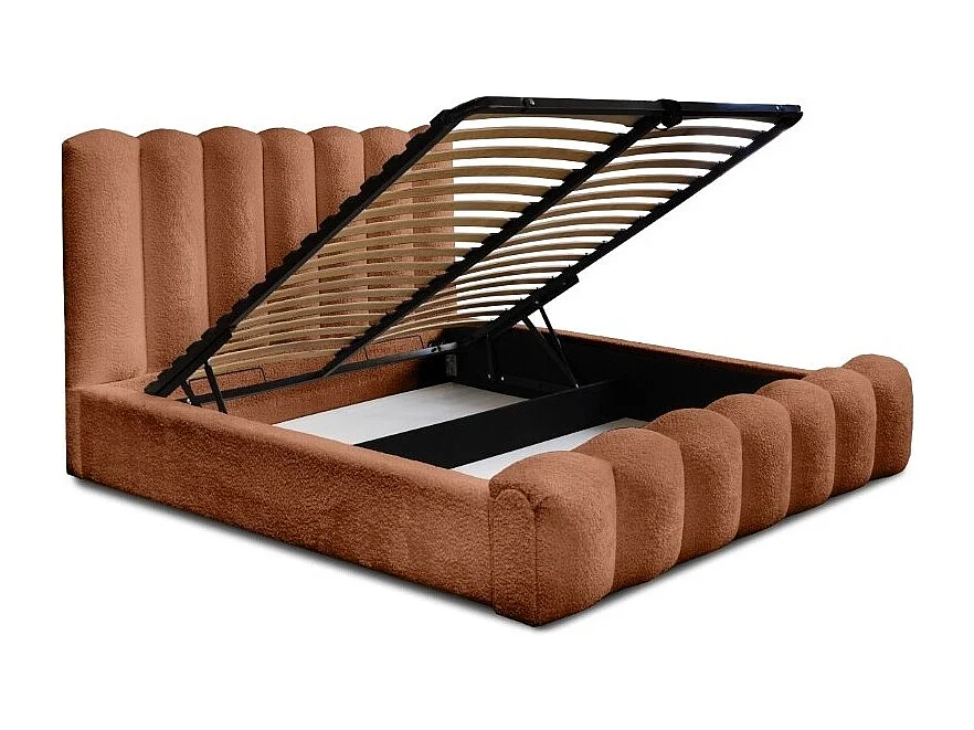 Cama con arcón BADJA – Tela rizada Terracota – 160x200 cm – Somier elevable – Diseño de alta gama