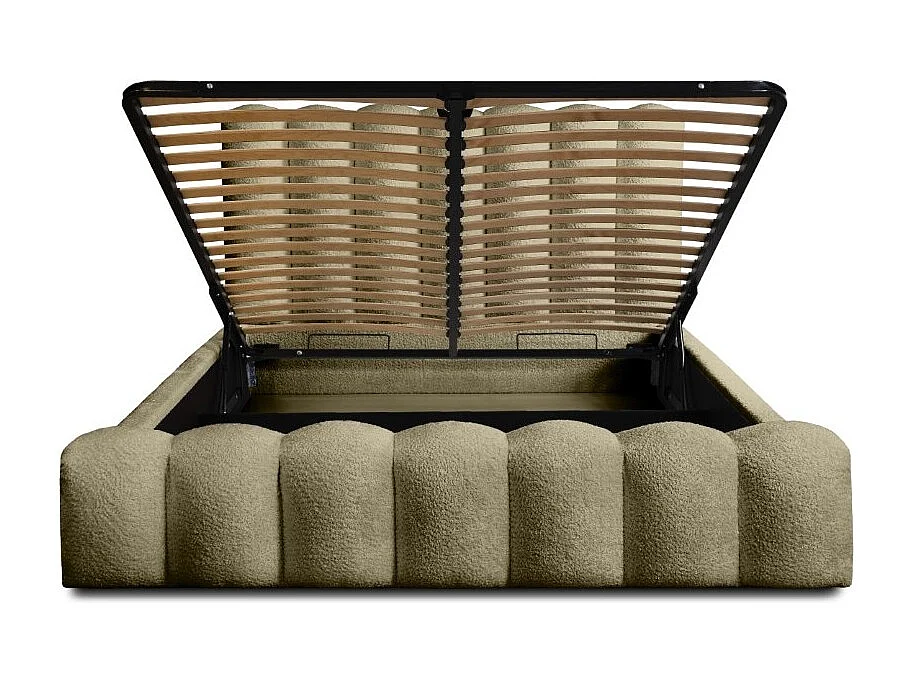Lit coffre BADJA – Tecido Bouclé Sálvia Seca – 140x200 cm – Estrado elevatório – Design de alta gama