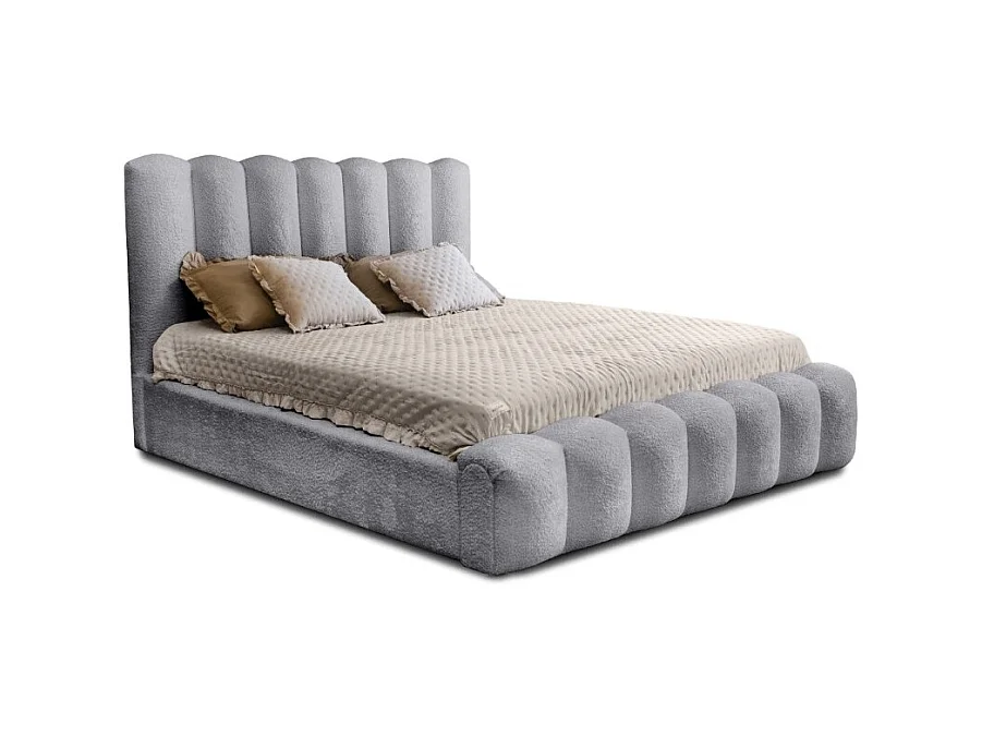 Cama baú BADJA – Tecido bouclé Pérola da Alvorada – 140x200 cm – Estrado elevatório – Design de alta qualidade