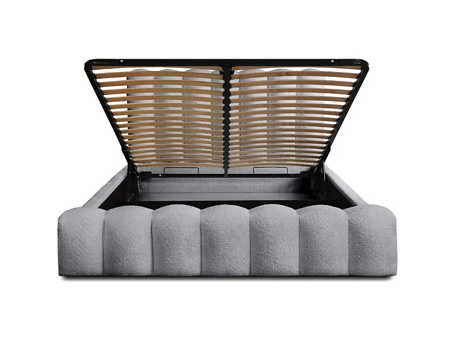 Cama baú BADJA – Tecido bouclé Pérola da Alvorada – 140x200 cm – Estrado elevatório – Design de alta qualidade