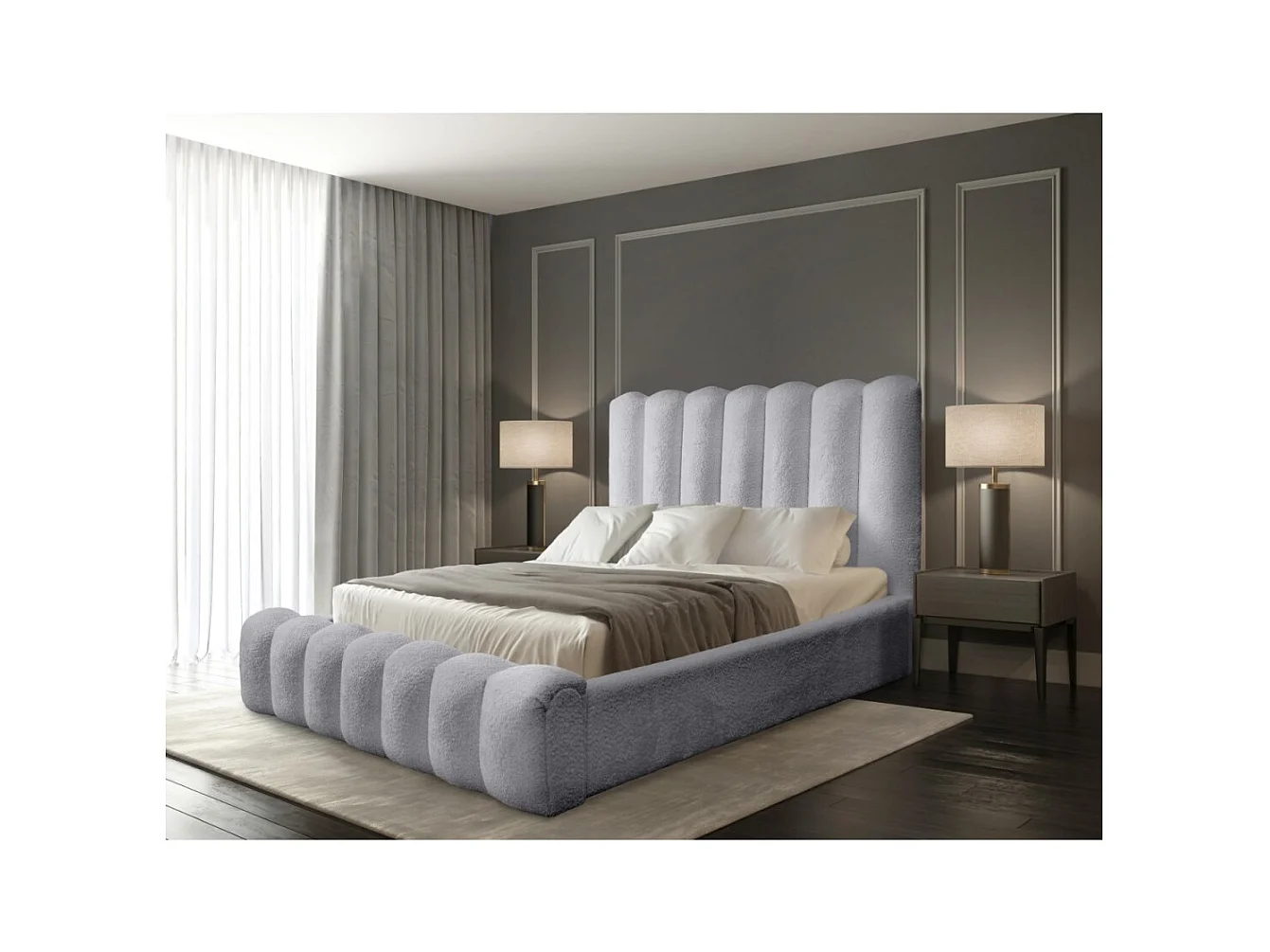 Lit coffre BADJA – Tissu bouclé Perle d'aube – 140x200 cm – Sommier relevable – Design haut de gamme