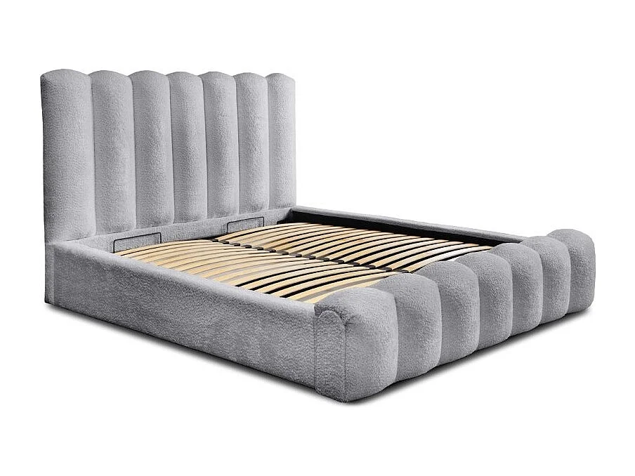 Cama baú BADJA – Tecido bouclé Pérola da Alvorada – 140x200 cm – Estrado elevatório – Design de alta qualidade