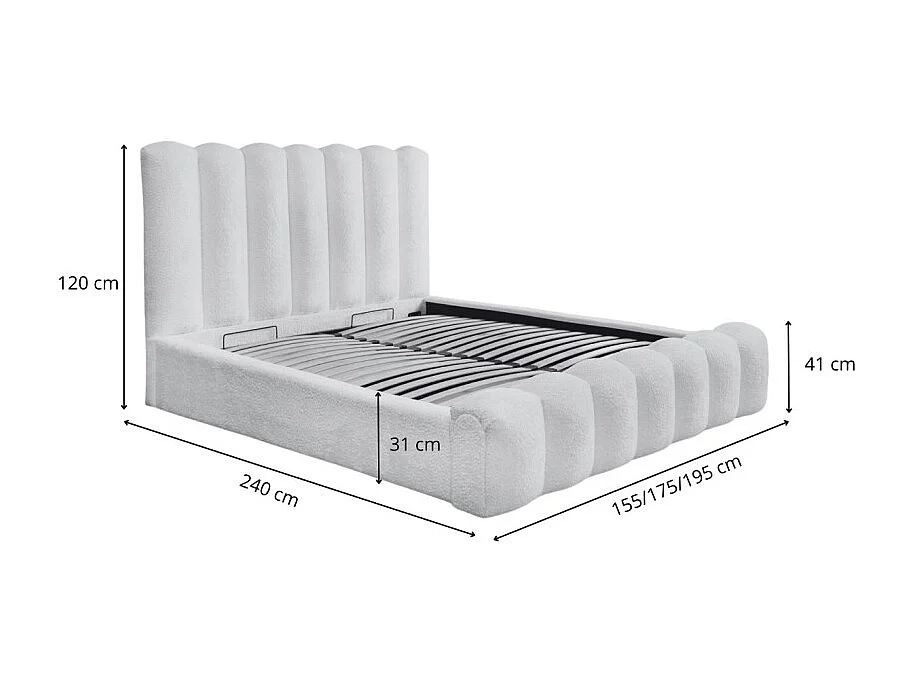 Cama baú BADJA – Tecido bouclé Pérola da Alvorada – 140x200 cm – Estrado elevatório – Design de alta qualidade
