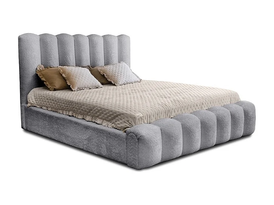Cama baú BADJA – Tecido bouclé Pérola da Alvorada – 140x200 cm – Estrado elevatório – Design de alta qualidade